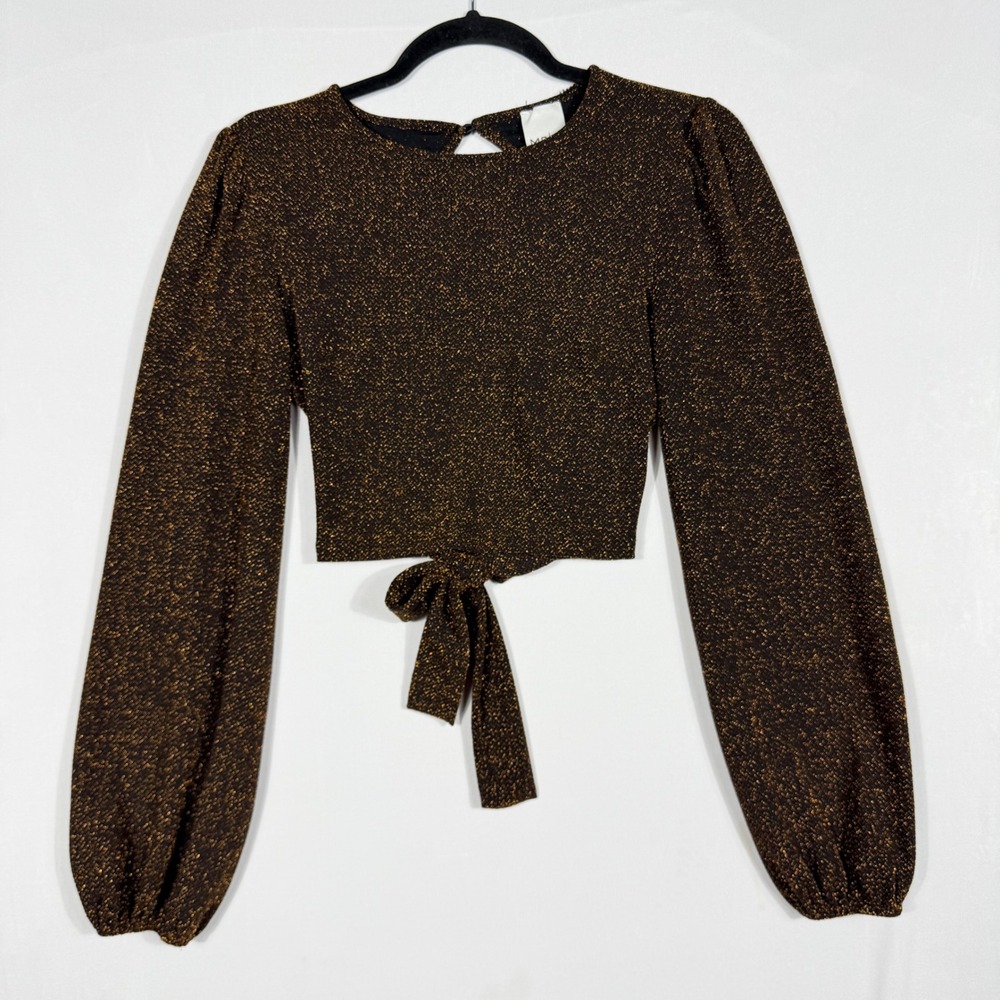 Vtg Y2K Metallic Gold Sparkle Long Puff Sleeve Crop Top Cutout Back Tie XS Glam